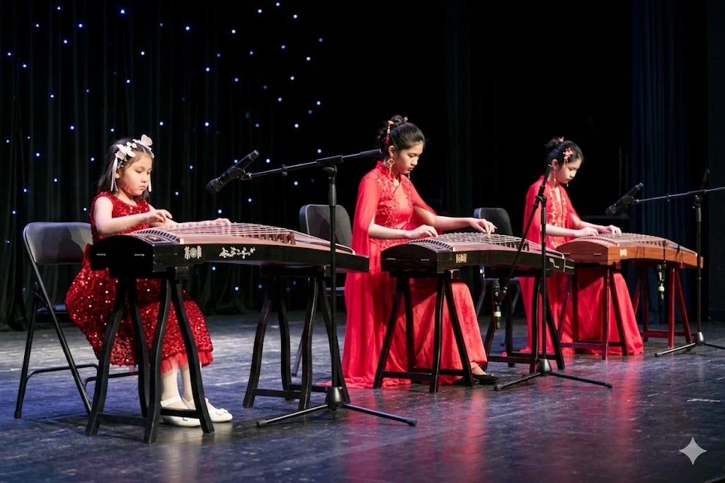 Three young girls in traditional Chinese hanfu performing on guzheng instruments on an elegant stage
